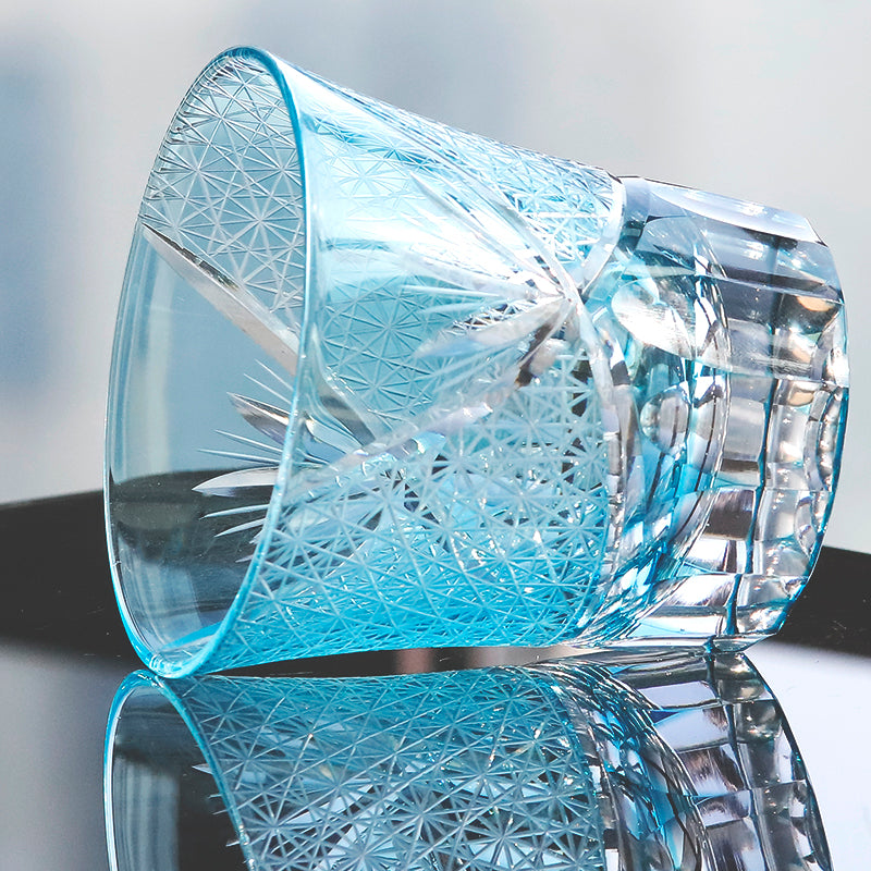 JP-017 220ml Flared Shaped Hand Cut Table Drinking Tumbler Edo Kiriko's Sea Wave Sky Blue Whiskey Tumblers