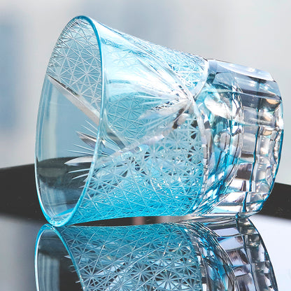JP-017 220ml Flared Shaped Hand Cut Table Drinking Tumbler Edo Kiriko's Sea Wave Sky Blue Whiskey Tumblers