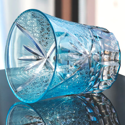 JP-017 220ml Flared Shaped Hand Cut Table Drinking Tumbler Edo Kiriko's Sea Wave Sky Blue Whiskey Tumblers
