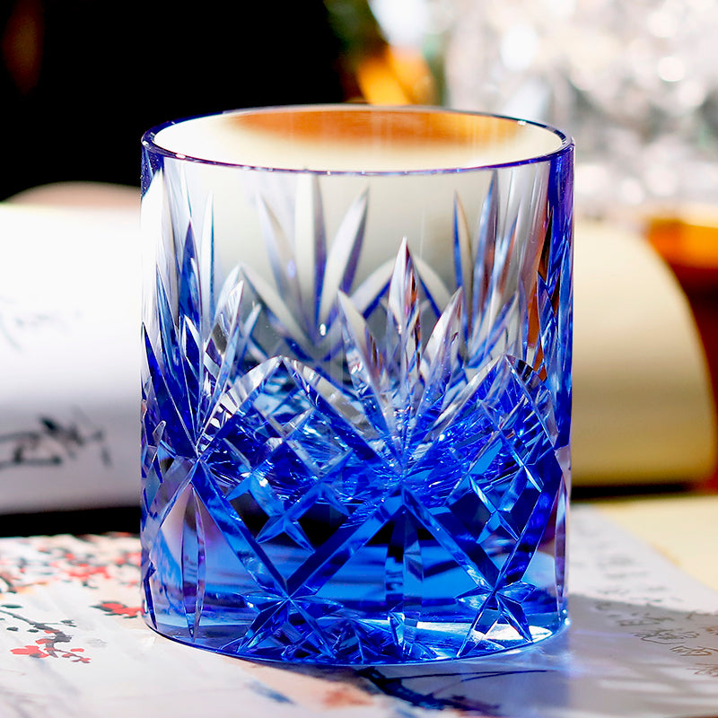 JP-128 Blue Classic K9 Crystal Glass Whiskey Tumbler Edo Kiriko's Bamboo Leaves Design Heavy and Thick Bottom