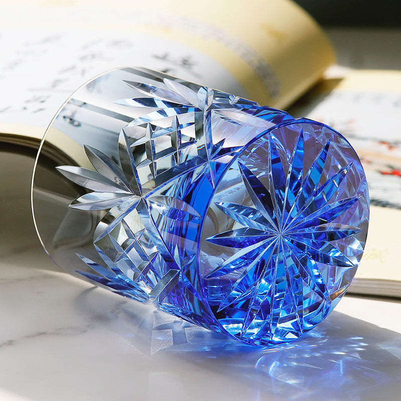JP-128 Blue Classic K9 Crystal Glass Whiskey Tumbler Edo Kiriko's Bamboo Leaves Design Heavy and Thick Bottom