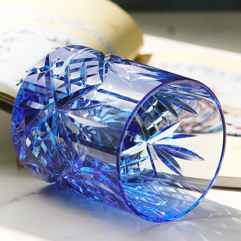JP-128 Blue Classic K9 Crystal Glass Whiskey Tumbler Edo Kiriko's Bamboo Leaves Design Heavy and Thick Bottom