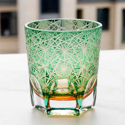 JP-048-2 NEW Green Amber Clear 3 Layer Color Tinted Glass Whisky Glass Edo Kiriko With Hand Cutting Chrysanthemum Design