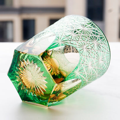 JP-048-2 NEW Green Amber Clear 3 Layer Color Tinted Glass Whisky Glass Edo Kiriko With Hand Cutting Chrysanthemum Design