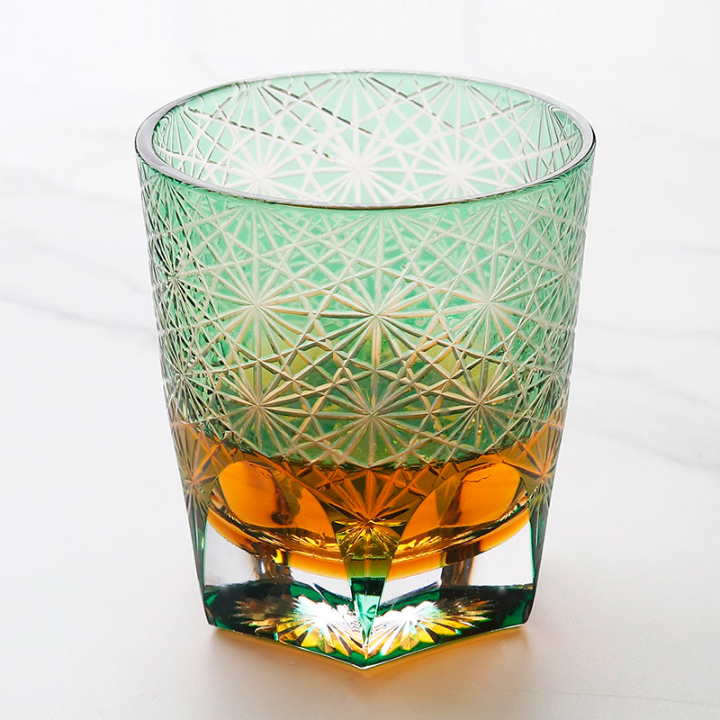 JP-048-2 NEW Green Amber Clear 3 Layer Color Tinted Glass Whisky Glass Edo Kiriko With Hand Cutting Chrysanthemum Design