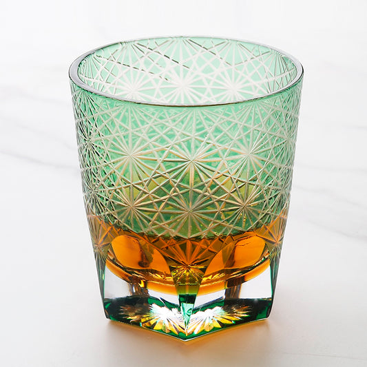JP-048-2 NEW Green Amber Clear 3 Layer Color Tinted Glass Whisky Glass Edo Kiriko With Hand Cutting Chrysanthemum Design