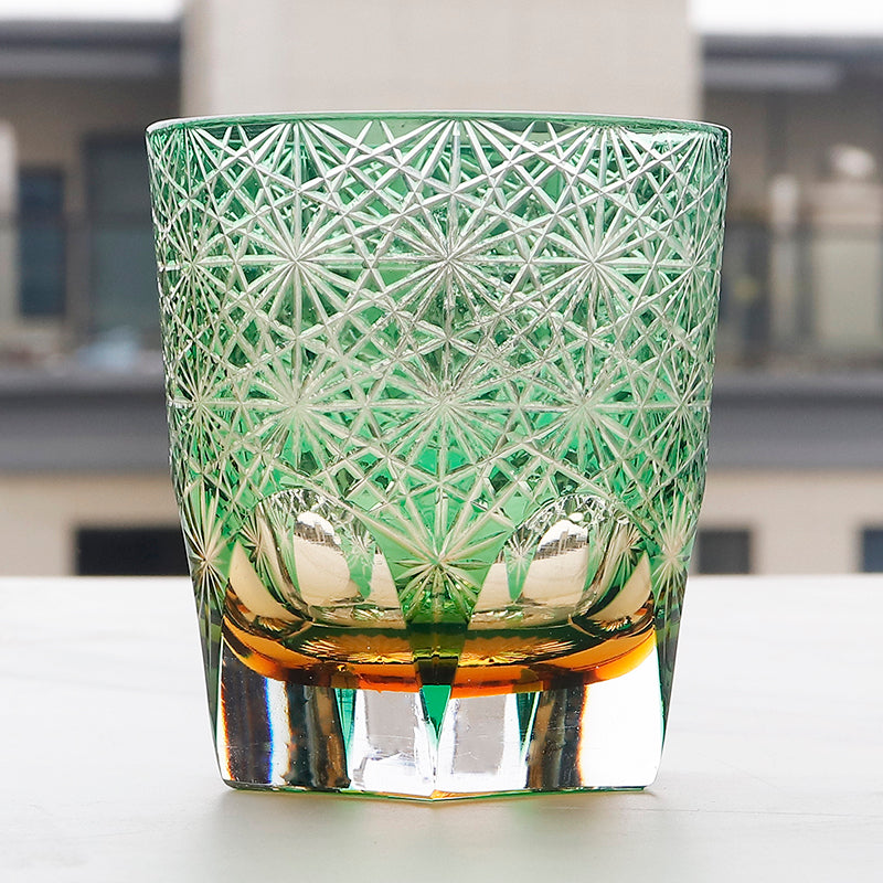 JP-048-2 NEW Green Amber Clear 3 Layer Color Tinted Glass Whisky Glass Edo Kiriko With Hand Cutting Chrysanthemum Design