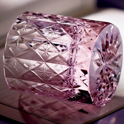 JP-129  Oceans Of Stars K9 Crystal Glass Whiskey Tumbler Edo Kiriko Rock Glass Hand Cutting Pink Crystal Glass Cocktail Tumblers 7 oz