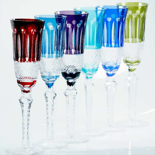 Champagne Flute 5oz Hand Cut Glass Stemware Ink Blue