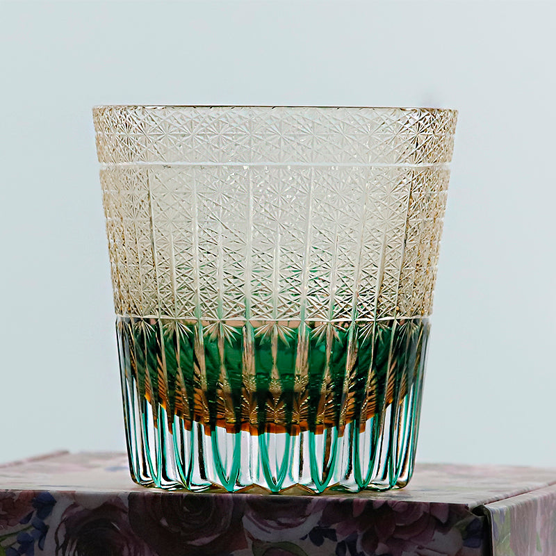 JP-130-3  Handmade 32 cl Green Amber Edo Kiriko Old Fashioned Glass Green Crystal Glass Whiskey Tumbler