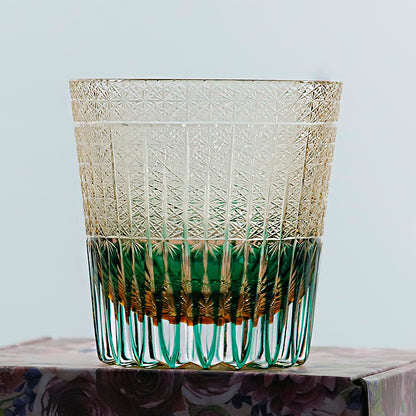 JP-130-3  Handmade 32 cl Green Amber Edo Kiriko Old Fashioned Glass Green Crystal Glass Whiskey Tumbler