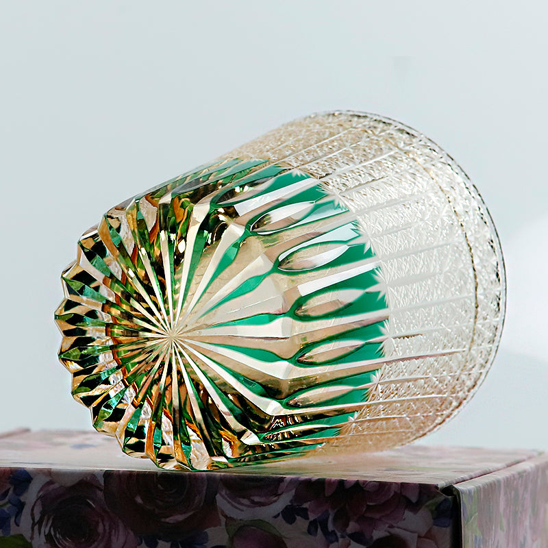 JP-130-3  Handmade 32 cl Green Amber Edo Kiriko Old Fashioned Glass Green Crystal Glass Whiskey Tumbler