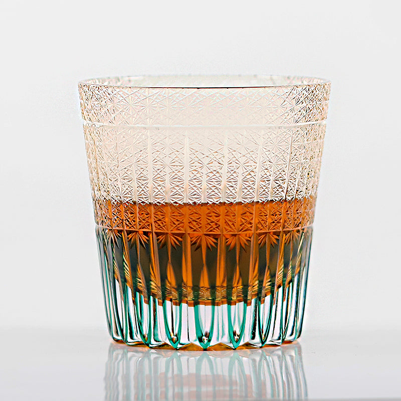 JP-130-3  Handmade 32 cl Green Amber Edo Kiriko Old Fashioned Glass Green Crystal Glass Whiskey Tumbler
