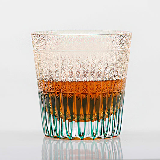 JP-130-3  Handmade 32 cl Green Amber Edo Kiriko Old Fashioned Glass Green Crystal Glass Whiskey Tumbler
