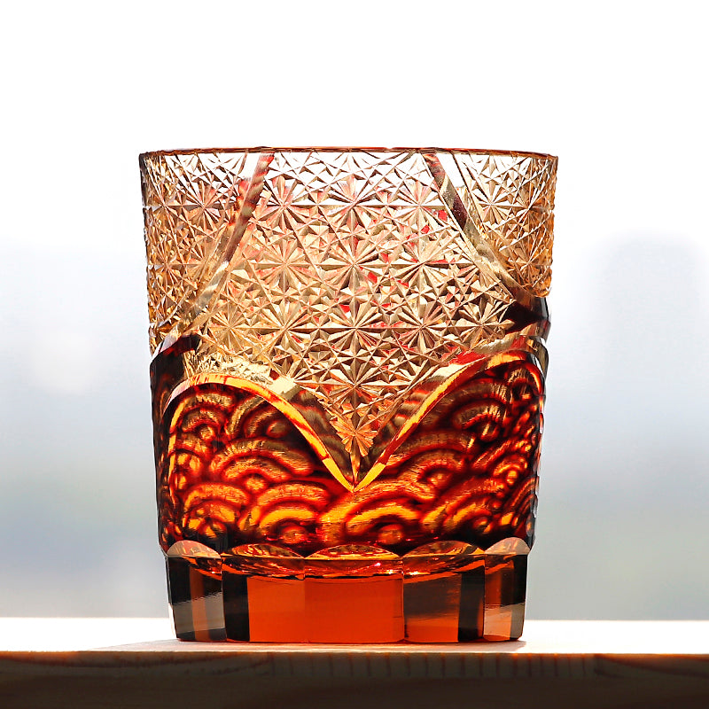 JP-041 250 ml Hand blown Ruby Red and Amber Color Tinted Glass Whiskey Tumbler With Hand Engraved Moon and Waves Design