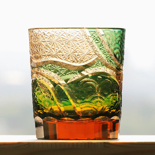 JP-041 250 ml Hand blown Green and Amber Color Tinted Glass Whiskey Tumbler With Hand Engraved Moon and Waves Design