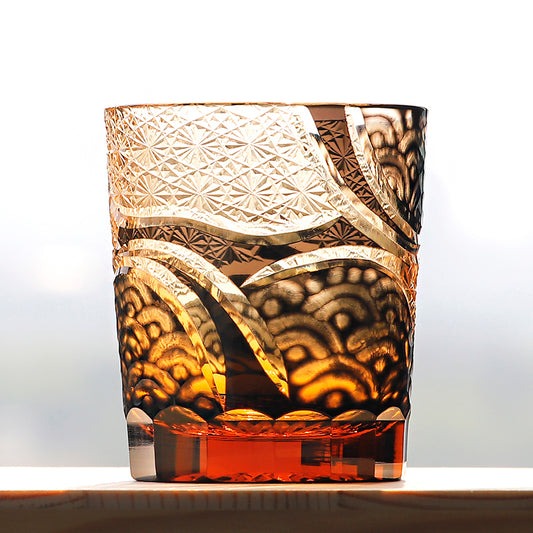 JP-041 250 ml Hand blown Black and Amber Color Tinted Glass Whiskey Tumbler With Hand Engraved Moon and Waves Design
