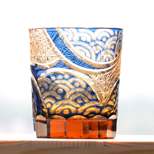 JP-041 250 ml Handcrafts Blue and Amber Color Tinted Glass Cocktail Whiskey Tumbler With Edo Kiriko's Moon and Waves Design