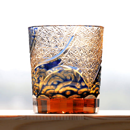 JP-041 250 ml Handcrafts Blue and Amber Color Tinted Glass Cocktail Whiskey Tumbler With Edo Kiriko's Moon and Waves Design