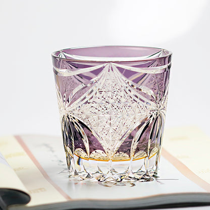 JP-132-1 Large 11 oz Janpanese Style Purple Old Fashioned Glass Whiskey Tumbler Edo Kiriko's Butterfly Chrysanthemum Mesh