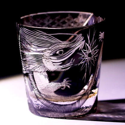 JP-134-2  Handcrafts 320mlBlackish Tinted Old Fashioned Glasses Edo Kiriko's Engraved Dragon Whiskey Glass In Gift Box
