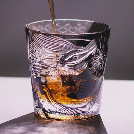 JP-134-2  Handcrafts 320mlBlackish Tinted Old Fashioned Glasses Edo Kiriko's Engraved Dragon Whiskey Glass In Gift Box