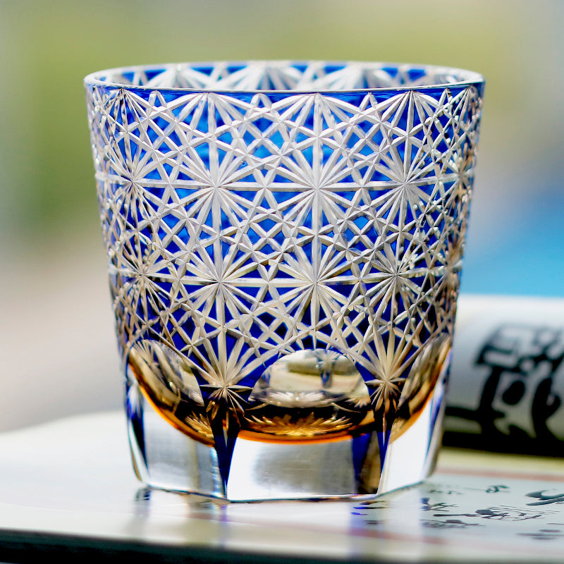 JP-048-3 320ml Dark Blue Overlaid Crystal Glass Whiskey Tumblers with Hand Engraved Chrysanthemum Design