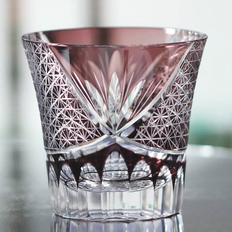 JP-017 220ml  Flared Shaped Purple Color Cased Glass Whiskey Tumblers Edo Kiriko Bamboo leaves Rock glass