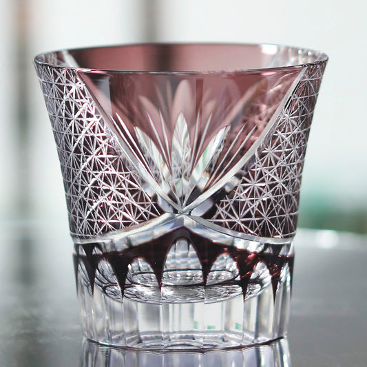 JP-017 220ml  Flared Shaped Purple Color Cased Glass Whiskey Tumblers Edo Kiriko Bamboo leaves Rock glass