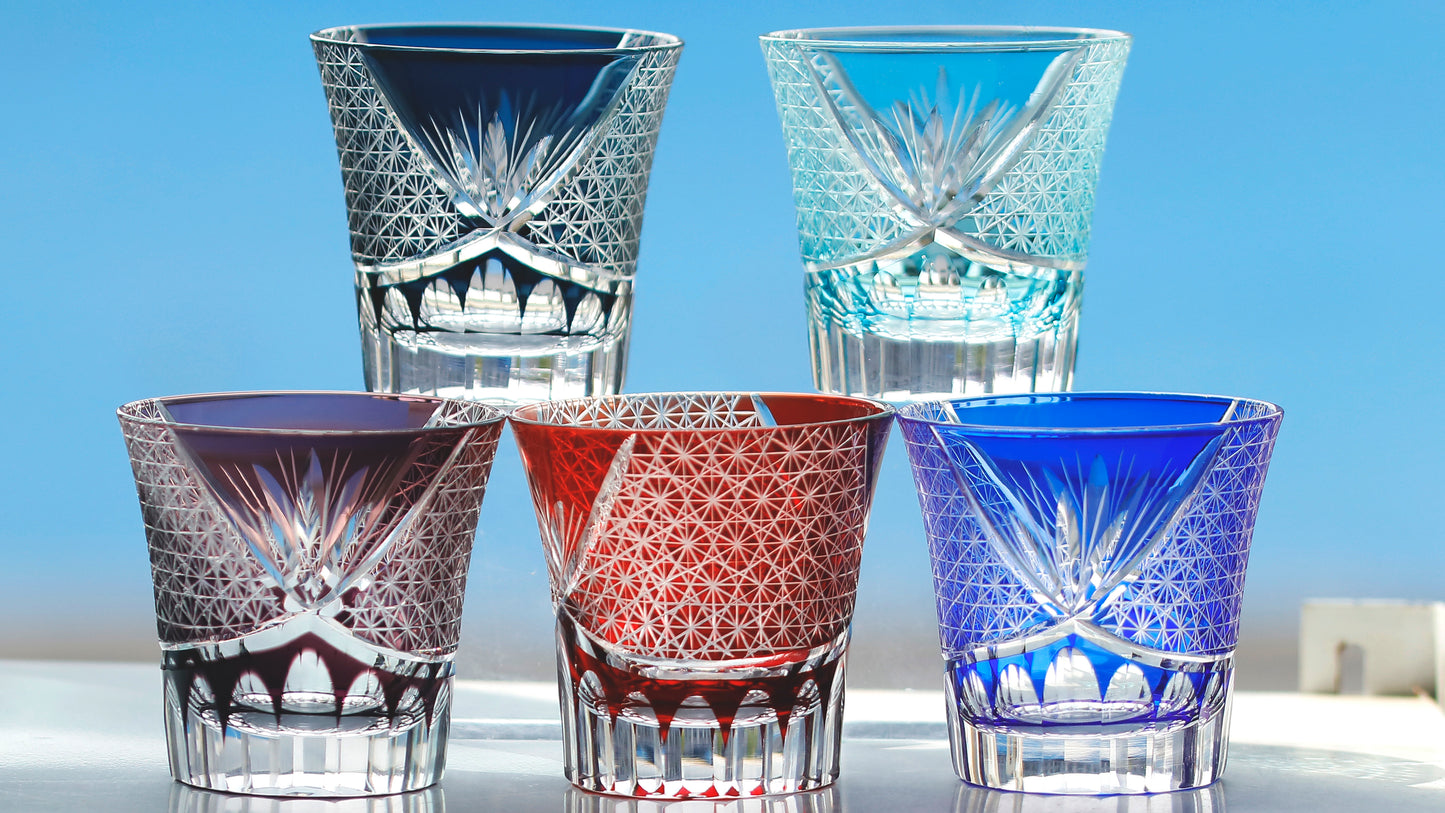 JP-017 220ml Flared Shaped Hand Cut Table Drinking Tumbler Edo Kiriko's Sea Wave Sky Blue Whiskey Tumblers