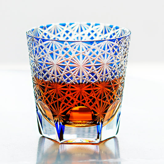 JP-048-3 320ml Dark Blue Overlaid Crystal Glass Whiskey Tumblers with Hand Engraved Chrysanthemum Design