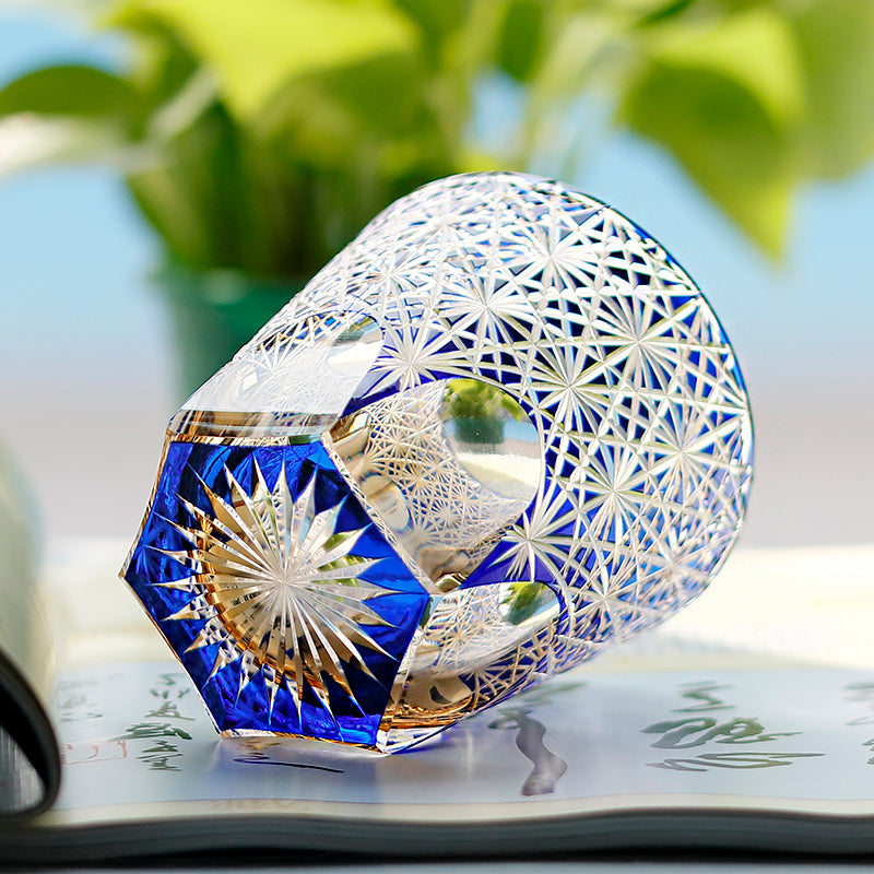 JP-048-3 320ml Dark Blue Overlaid Crystal Glass Whiskey Tumblers with Hand Engraved Chrysanthemum Design