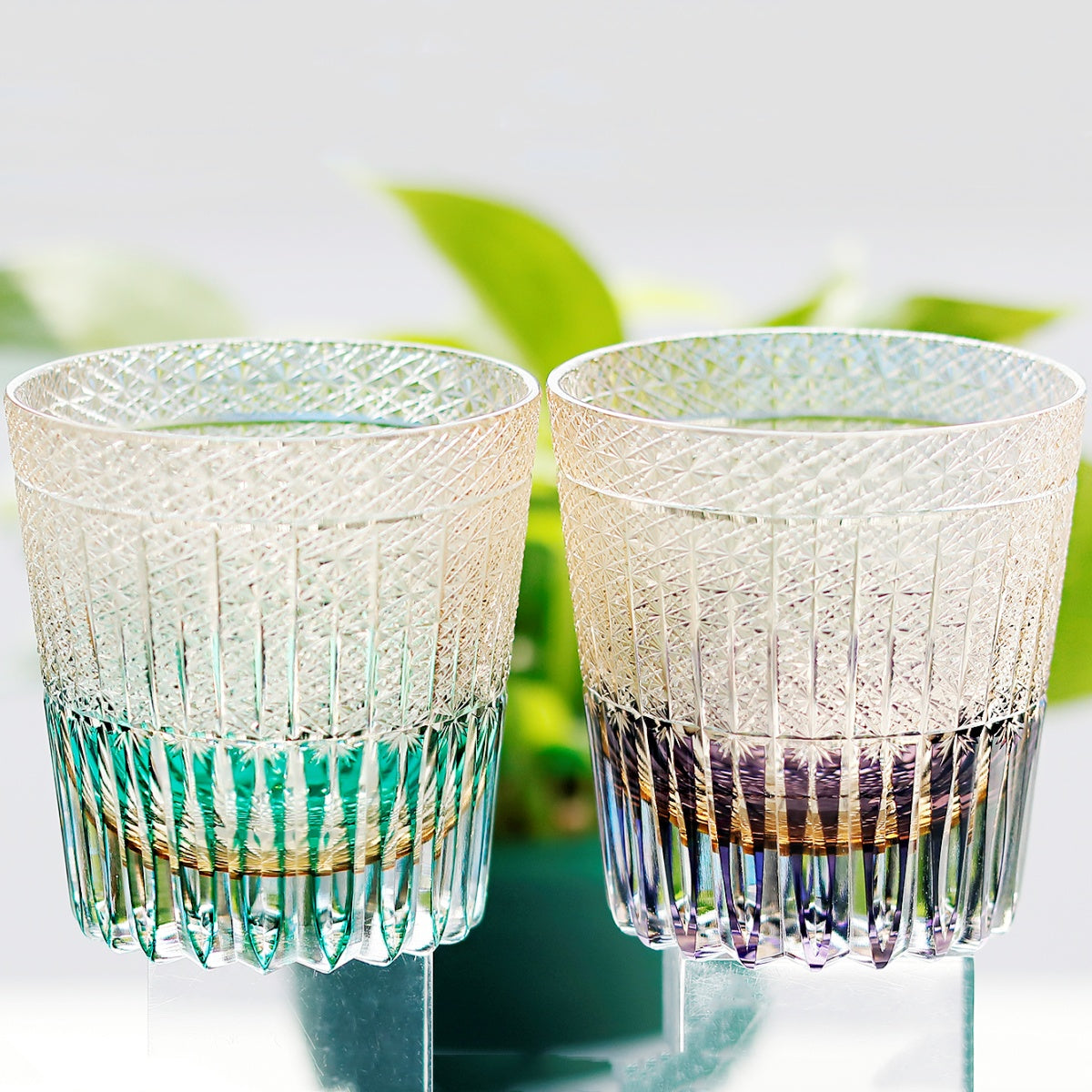 JP-130-3 Handmade Purple Crystal Whiskey Glass Tumbler Japanese Edo Kiriko Kaleidoscopic Old Fashioned Glass Large With Gift Box