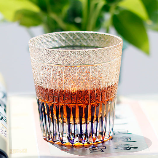 JP-130-3 Handmade Purple Crystal Whiskey Glass Tumbler Japanese Edo Kiriko Kaleidoscopic Old Fashioned Glass Large With Gift Box