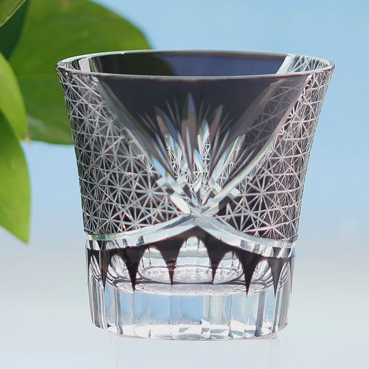 JP-017 220ml  Hand Blown Black Edo Kiriko Cocktail Whiskey Glass Tumblers Flared Shaped and Hand Cut  Bamboo leaves Design