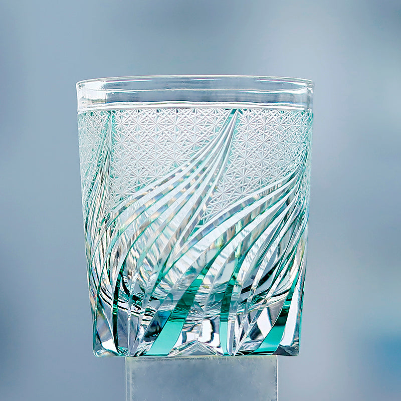 Luxury Edo Kiriko Glass Tumbler Hand Cut To Clear Blue Green 9oz