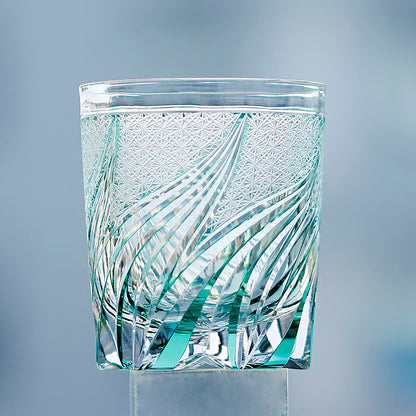 Luxury Edo Kiriko Glass Tumbler Hand Cut To Clear Blue Green 9oz