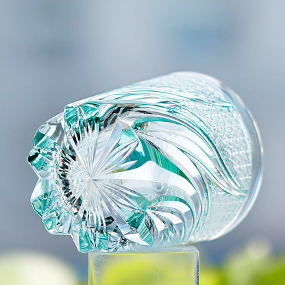 Luxury Edo Kiriko Glass Tumbler Hand Cut To Clear Blue Green 9oz