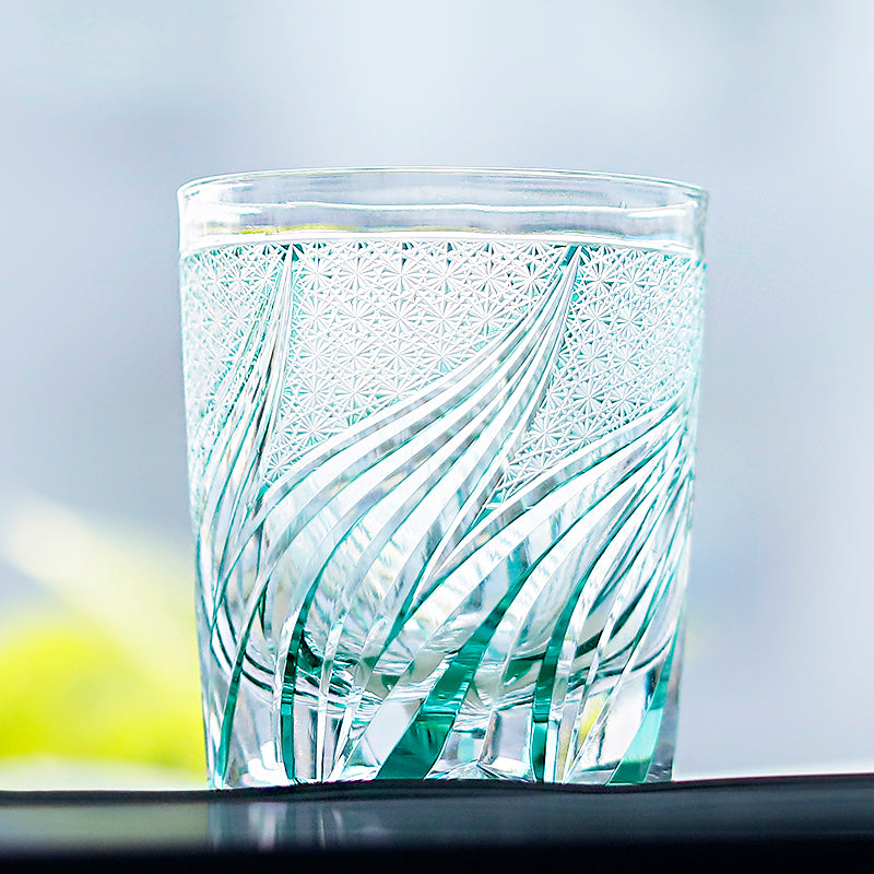 JP-120 Handcrafts Sea Green Edo Kiriko Glass Cocktail Whiskey Tumbler Hand Cut To Clear Colored Rocks Old Fashioned Glass Sea Beach  in gift box