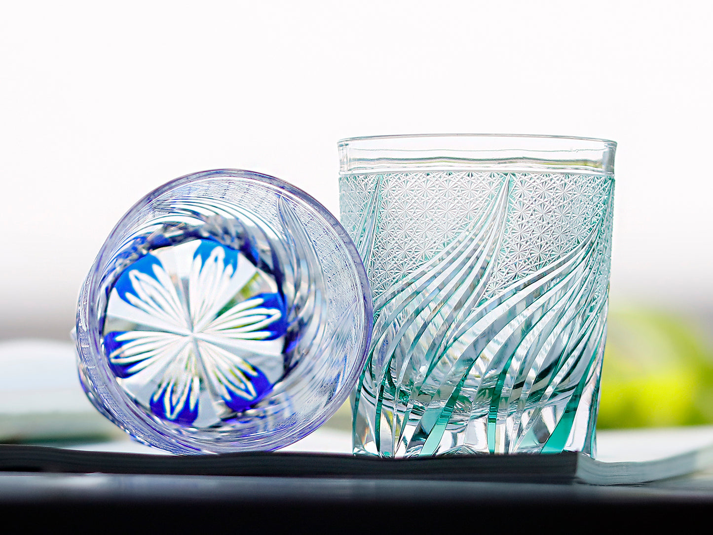 JP-120 Handcrafts Sea Green Edo Kiriko Glass Cocktail Whiskey Tumbler Hand Cut To Clear Colored Rocks Old Fashioned Glass Sea Beach  in gift box