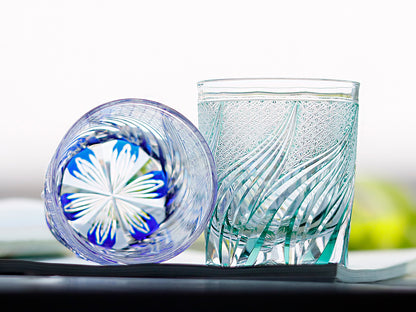 JP-120 Handcrafts Sea Green Edo Kiriko Glass Cocktail Whiskey Tumbler Hand Cut To Clear Colored Rocks Old Fashioned Glass Sea Beach  in gift box
