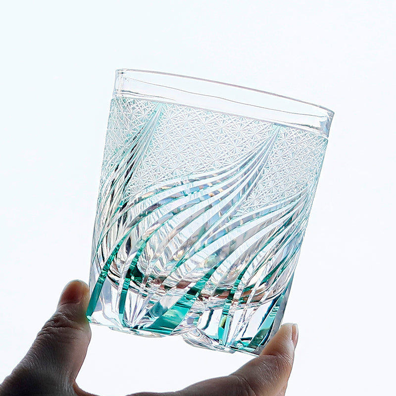 Luxury Edo Kiriko Glass Tumbler Hand Cut To Clear Blue Green 9oz