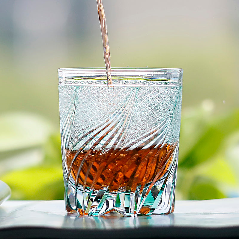 JP-120 Handcrafts Sea Green Edo Kiriko Glass Cocktail Whiskey Tumbler Hand Cut To Clear Colored Rocks Old Fashioned Glass Sea Beach  in gift box