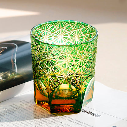 Chrysanthemum Edo Kiriko Whiskey Glass Green 9oz