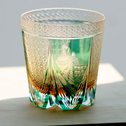 JP-108 Japanese Style Edo Kiriko Handcrafted Green Peacock Whisky Glass With Gitt Box