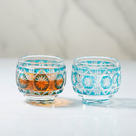 QJ-01  New Sky Blue Colored Cold Sake Glass Cup With Hand Cut Octagonal Garland Chrysanthemum Design Chilled Sake Glass 65ml