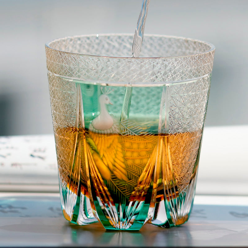 JP-108 Japanese Style Edo Kiriko Handcrafted Green Peacock Whisky Glass With Gitt Box