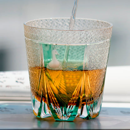 JP-108 Japanese Style Edo Kiriko Handcrafted Green Peacock Whisky Glass With Gitt Box