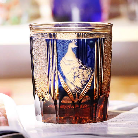 JP-112 8.5oz Edo Kiriko Style Blue and Amber Cocktail Glass Tumbler Colored Crystal Glass Whiskey Tumblers