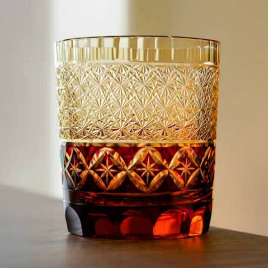 JP-047 250 ml Ruby Red and Amber Color Tinted Glass Whiskey Tumblers with hand cut Shippo / seven treasures design